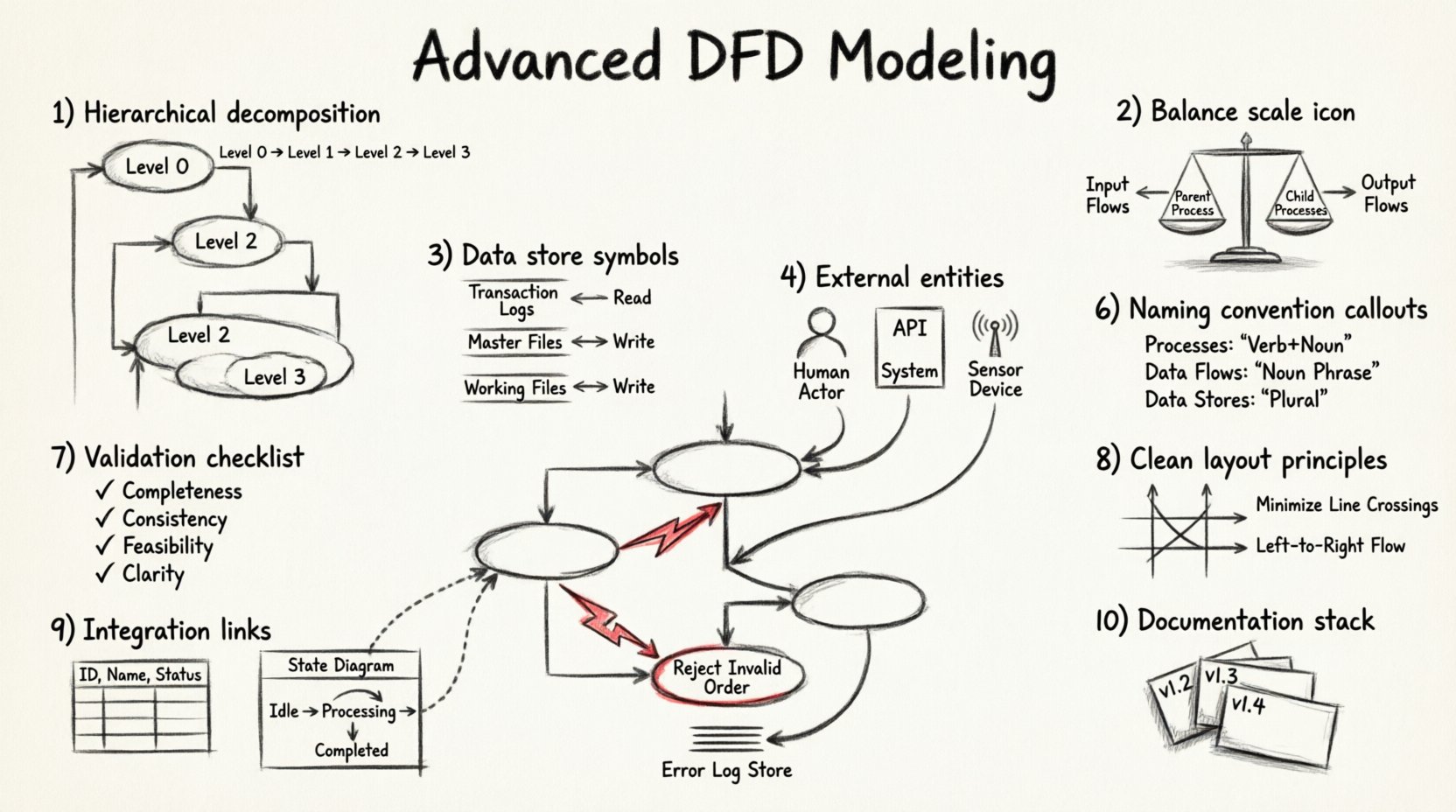 Charcoal contour sketch infographic illustrating 10 advanced Data Flow Diagram modeling techniques: hierarchical decomposition levels, input-output balancing rules, data store access patterns, external entity interactions, error pathway handling, naming conventions for processes/flows/stores, validation checklist, visual layout principles, integration with ERD and state diagrams, and documentation management strategies for complex systems