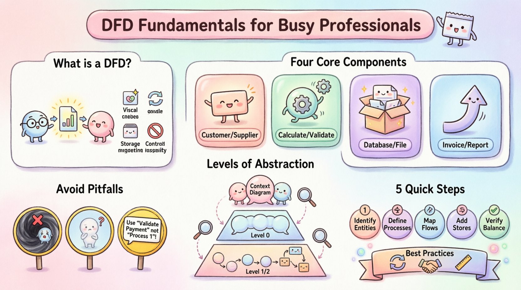 Kawaii-style infographic explaining Data Flow Diagram (DFD) fundamentals for professionals: features cute vector illustrations of the four core components (External Entity, Process, Data Store, Data Flow), three levels of abstraction (Context, Level 0, Level 1/2), a 5-step creation process, common pitfalls to avoid, and best practices—all presented with pastel colors, rounded shapes, and friendly icons for intuitive visual learning