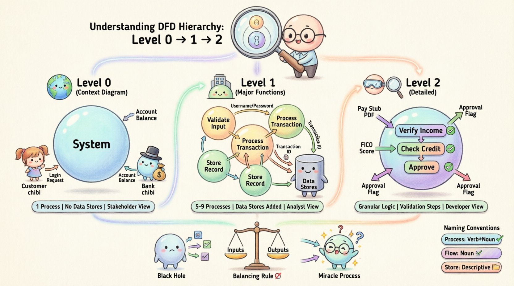 Chibi-style infographic illustrating the three-level hierarchy of Data Flow Diagrams (DFDs): Level 0 Context Diagram showing system boundary with external entities, Level 1 Major Functions with decomposed processes and data stores, and Level 2 Detailed Processes with granular logic steps, plus balancing rules and naming conventions for system analysis and design