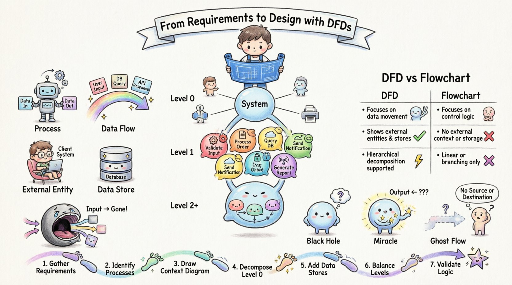 Chibi-style infographic illustrating how Data Flow Diagrams bridge software requirements to technical design, showing DFD elements (processes, data flows, external entities, data stores), hierarchical decomposition from Context Level 0 to Level 2 diagrams, DFD vs Flowchart comparison table, common pitfalls (black hole, miracle, ghost flows), and a 7-step practical implementation roadmap for system development