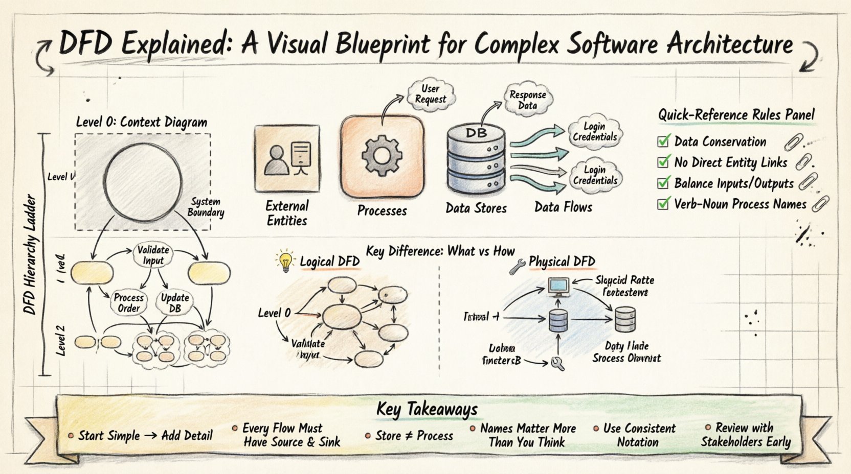 Hand-drawn infographic explaining Data Flow Diagrams (DFD) for software architecture: illustrates four core components (external entities, processes, data stores, data flows), hierarchy levels 0-2 with decomposition, logical vs physical DFD comparison, and essential rules like data conservation and balancing for system design documentation
