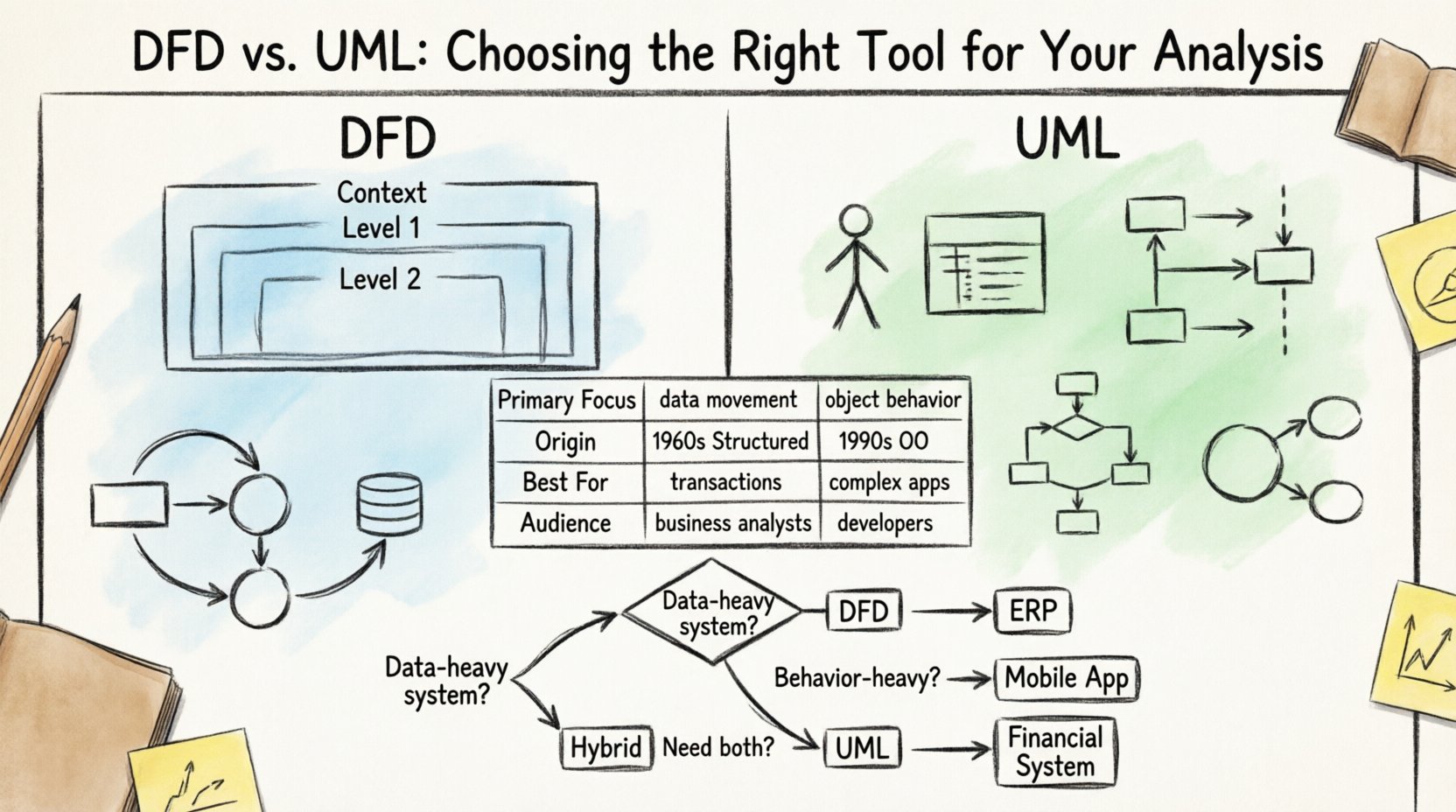Hand-drawn infographic comparing Data Flow Diagrams (DFD) and Unified Modeling Language (UML) for system analysis, featuring illustrated symbols for external entities, processes, data stores, and UML diagrams like Use Case, Class, and Sequence diagrams, with a decision flowchart for selecting the right modeling tool based on project needs, rendered in thick outline strokes with soft watercolor fills