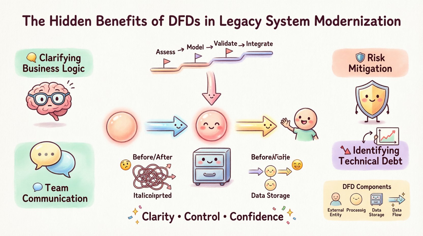 Kawaii-style infographic illustrating the hidden benefits of Data Flow Diagrams in legacy system modernization, featuring cute pastel-colored visuals of DFD components including smiling data packets, happy process bubbles, and cheerful data stores, plus four key benefits: clarifying business logic, risk mitigation, team communication, and identifying technical debt, with a simple implementation roadmap and before-after comparison showing tangled legacy code versus clean organized data flows, all designed in adorable kawaii aesthetic with soft pastel colors and rounded elements for intuitive understanding of system modernization concepts