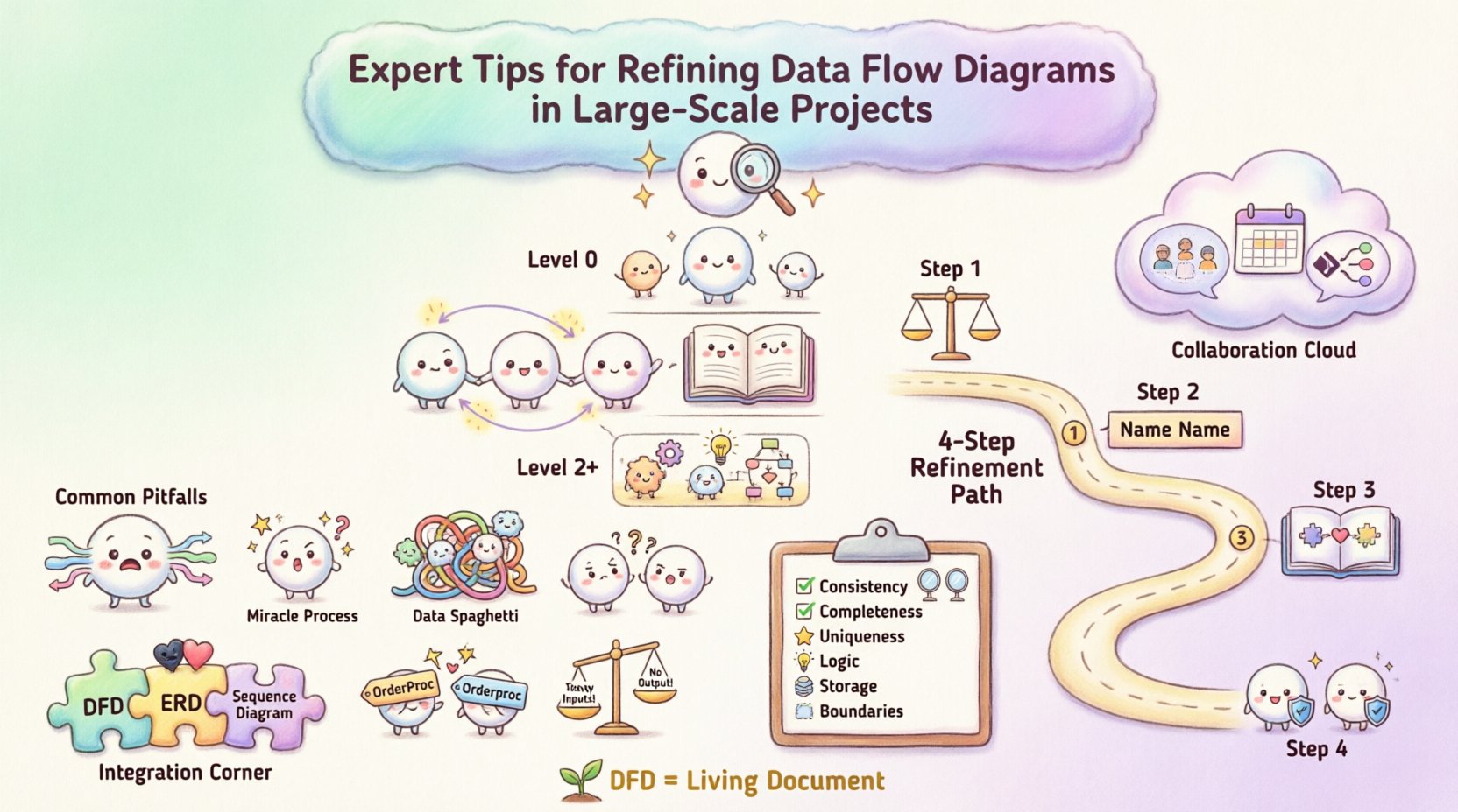 Kawaii-style infographic illustrating expert tips for refining data flow diagrams in large-scale projects, featuring hierarchical DFD levels (Context, Level 1, Level 2+), common pitfalls like black holes and data spaghetti with cute warning characters, four-step refinement strategy, stakeholder collaboration techniques, validation checklist, and model integration guidance, designed with soft pastel colors, rounded playful elements, and minimal English text for intuitive visual learning