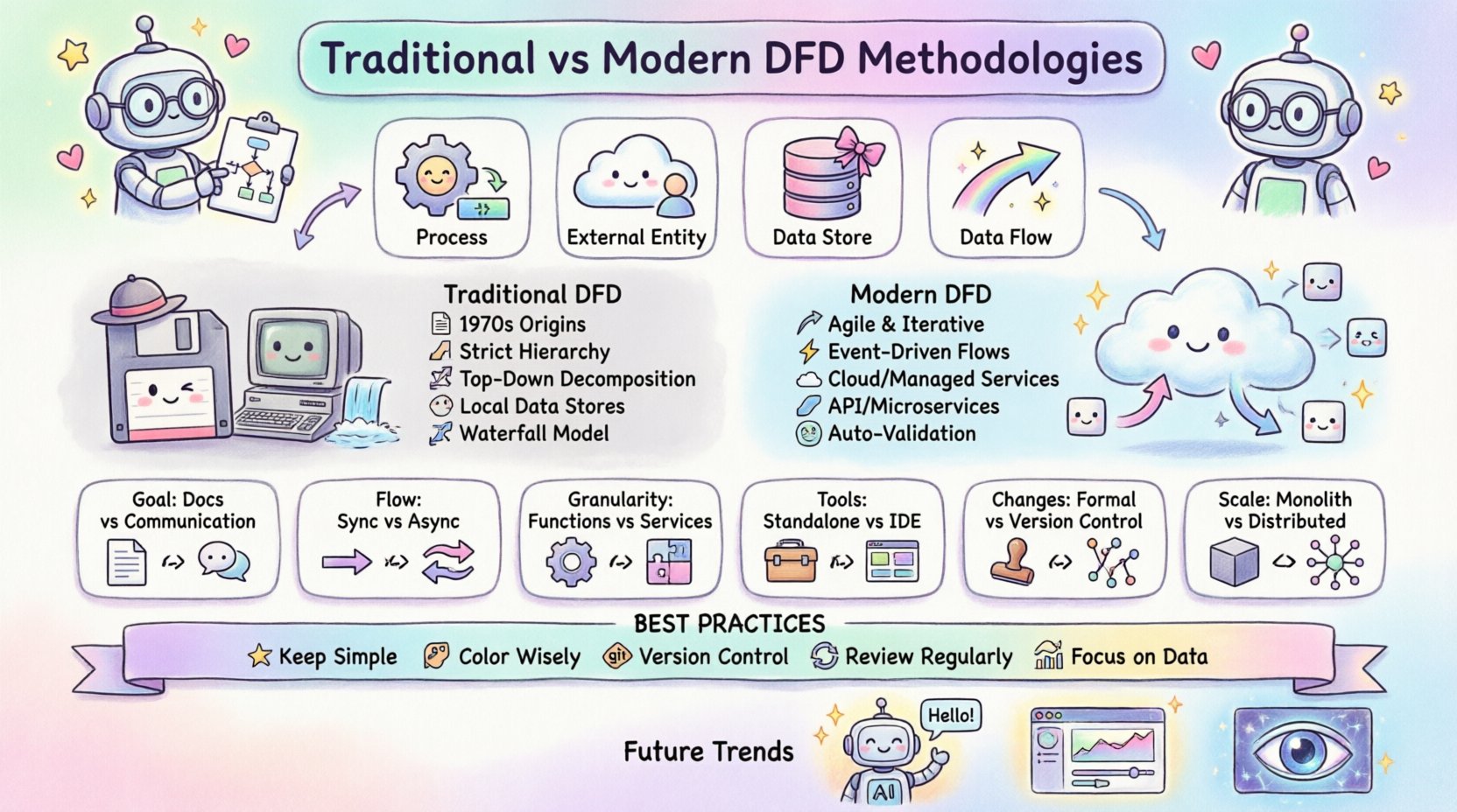 Kawaii-style infographic comparing traditional and modern Data Flow Diagram methodologies: features cute pastel-colored sections showing core DFD components (processes, entities, data stores, flows), side-by-side comparison of 1970s structured analysis vs agile event-driven approaches, visual table highlighting differences in goals, data flow types, granularity, and tools, plus best practices checklist and future trends like AI-assisted diagramming - all designed with adorable characters, rounded shapes, and playful typography for engaging technical education