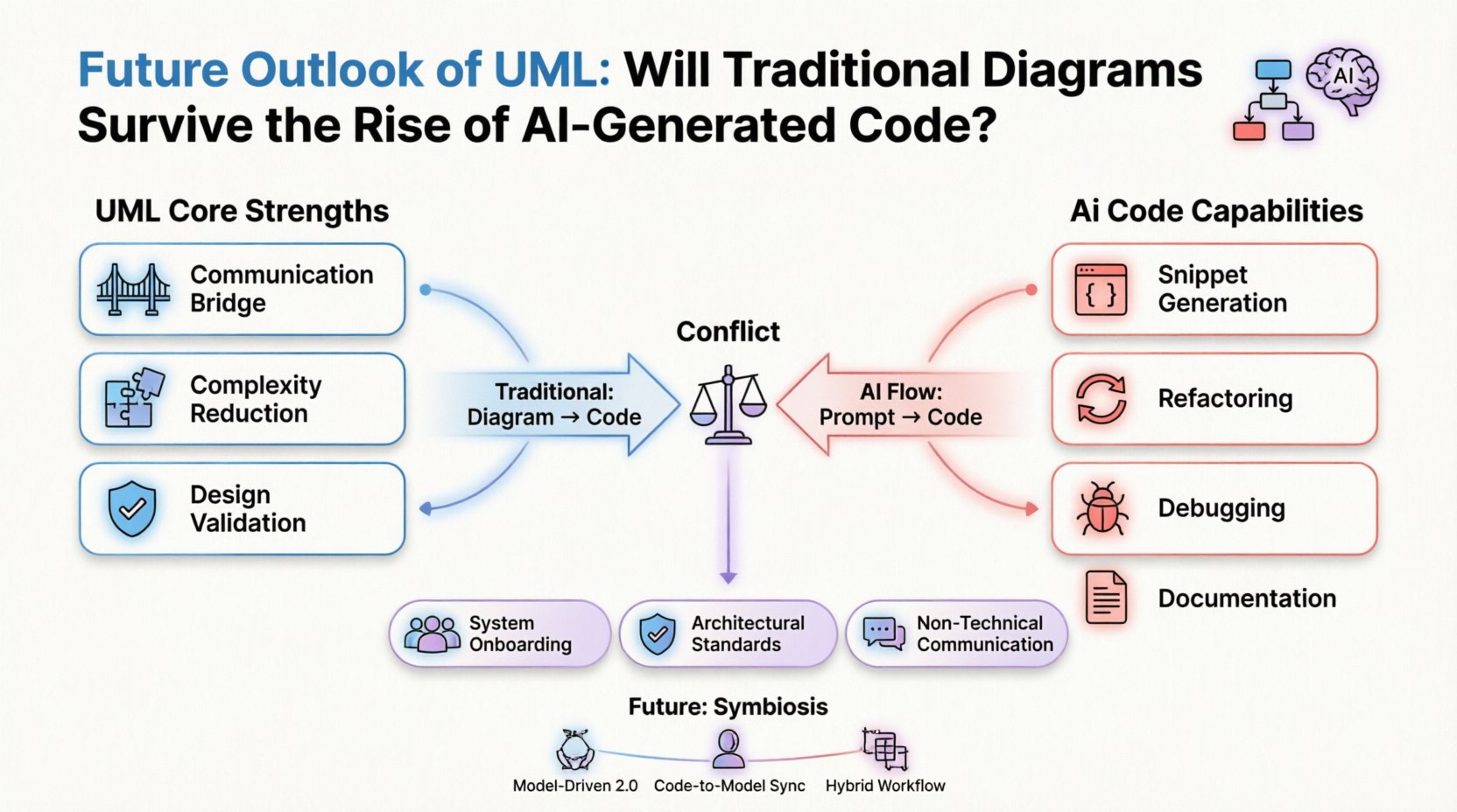 Infographic comparing UML traditional modeling diagrams with AI-generated code workflows, featuring flat design icons for communication bridge, complexity reduction, design validation, AI capabilities like snippet generation and debugging, directional flow comparison, and future scenarios showing symbiotic relationship between visual modeling and automated code generation for software engineering