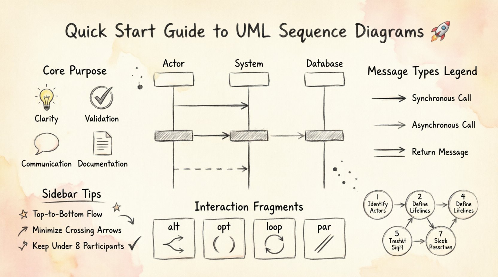 Hand-drawn infographic guide to UML sequence diagrams showing participants, lifelines, message types with arrow styles (synchronous, asynchronous, return), activation bars, interaction fragments (alt, opt, loop, par), 7-step construction process, and readability best practices for mapping software component interactions and runtime behavior