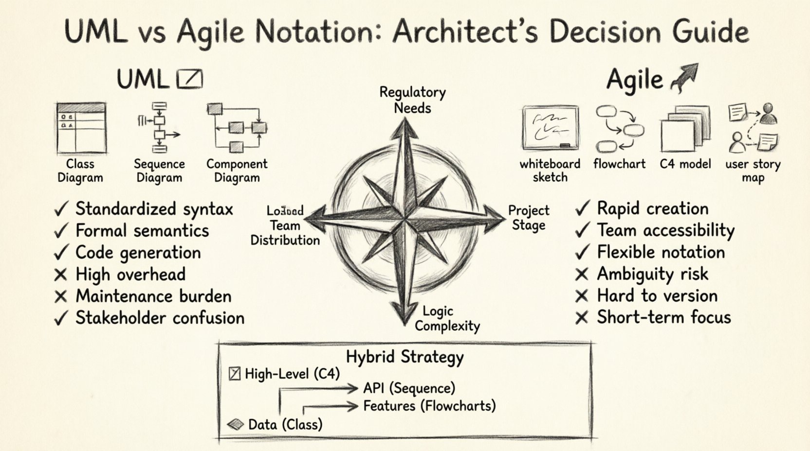 Charcoal contour sketch infographic comparing UML and Agile notation for software architecture decisions, featuring side-by-side visualization of UML's formal diagrams (Class, Sequence, Component) versus Agile's rapid techniques (whiteboard sketches, flowcharts, C4 model), with decision compass highlighting four key criteria: regulatory requirements, team geography, project lifecycle stage, and logic complexity, plus a hybrid integration strategy banner for senior architects managing complex projects