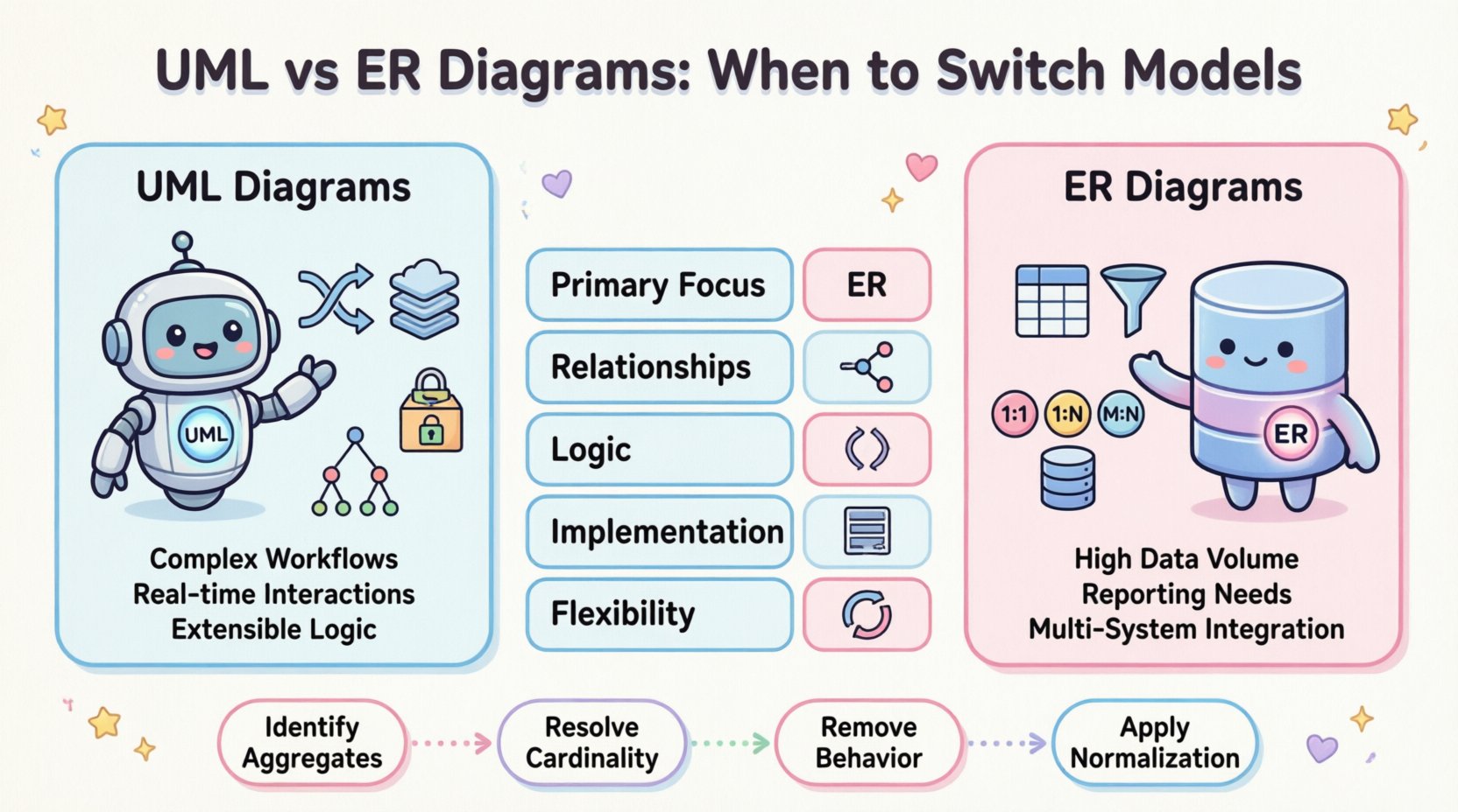 Kawaii-style infographic comparing UML and ER diagrams for data-centric architectures, featuring cute pastel vector illustrations of modeling concepts, behavioral vs data-focused design, decision indicators for when to use each model, and a 4-step transition guide from UML to ER with rounded shapes and friendly mascots